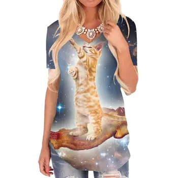 Giyu Marka Kedi T Shirt Kadın Hayvan Tişörtleri Baskılı Galaxy V Yaka Tshirt Bulutsusu T-Shirt 3d Uzay Komik T shirt Bayan Giyim