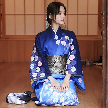 Japon Kız Kimono Zarif Kadın Koyu Mavi Phalaenopsis Sonbahar Kış Kalın Modifiye Resmi Kimono Sahne Giyim Moda Ulusal