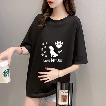 Grafik Aşk Benim Köpek Karikatür Moda Baskılı Hamile T Shirt Kız Annelik Kısa Kollu Gebelik Gömlek Anne Giysileri Kadın