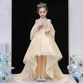 Şampanya tül Çocuk Kız Zarif Düğün Çiçek Kız Elbise Uzun Elbise Prenses Parti Pageant Örgün Vestido Parti resmi giysi