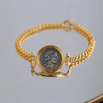 Sıcak Satış Avrupa ve Amerikan Ünlü Marka Antik Roma Gümüş Sikke Bilezik Retro Kabartma Şans tanrıçası moda takı