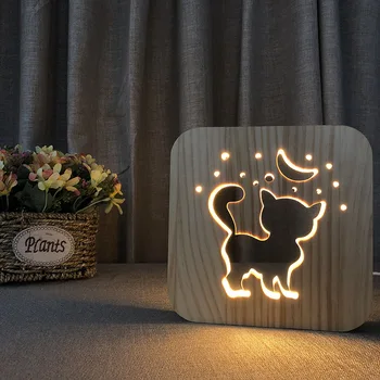 Sevimli Kedi Ay 3D Led Lamba Yaratıcı Ahşap Masa masa lambası Yanında Çocuklar için Gece Lambası Hediye Çocuklar için Ev yatak odası dekoru