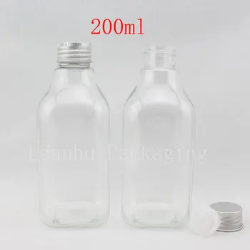 200ML Şeffaf Kare Plastik Şişe Alüminyum Kapak, 200CC Şampuan / Toner / Losyon Alt şişeleme, Boş Kozmetik Konteyner