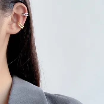 Kore Tarzı Basit S925 Ayar Gümüş Çift Katmanlı İçi Boş kulak klipsi Kadın Ins Pierceless Düzensiz Doku kulak klipsi