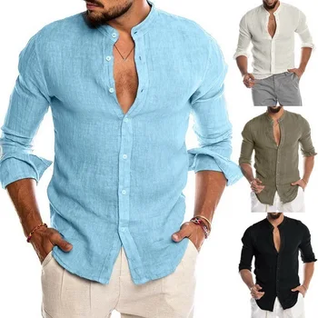 Keten Standı Yaka Uzun Kollu erkek Hırka Gömlek moda üst giyim Yeni Gömlek Casual Gevşek Gömlek Casual Yakışıklı erkek Gömlek