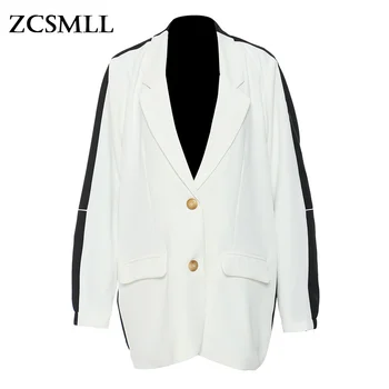 ZCSMLL Kadın Beyaz Kontrast Büyük Boyutu Renk Blazer Yeni Yaka Uzun Kollu Gevşek Uygun Ceket Moda Gelgit Bahar Sonbahar 2021 1