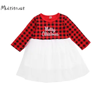 2020 Toddler Bebek Kız Kırmızı Ekose Elbise Noel Bebek Fırfır Uzun Kollu Kıyafetler Çocuklar Pamuk Elbise