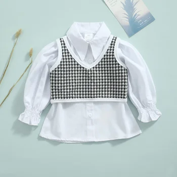 2 Adet Toddler Gömlek Seti Ekose Gömlek Kız Güz Kıyafetler Uzun Kollu Düğme Aşağı Gömlek Kazak Yelek Seti