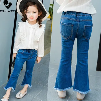 Yeni 2022 Çocuk Moda Katı Kot Alevlendi Pantolon Kızlar Slim Fit Kot Pantolon Bebek Kız Bahar Sonbahar Kot uzun pantolon Giyim