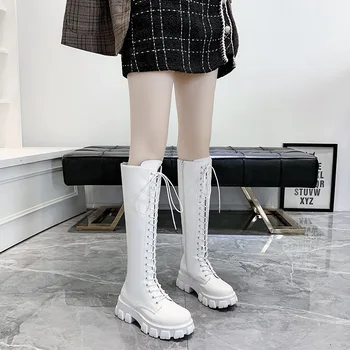 Kadın Çizmeler Yüksek Top Güzel Tıknaz Platformu Pu Over-the-Diz Yüksek Çizmeler Kadın Retro Punk Artan uzun ayakkabı Kadın Ayakkabı