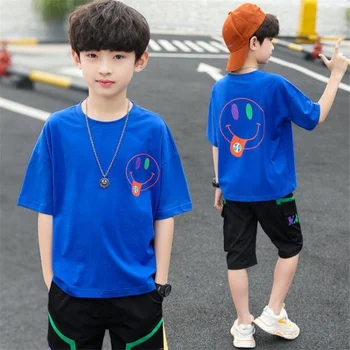 Giyim Seti için Çocuk Erkek Yaz 2023 Yeni Moda Rahat O-boyun Baskı İki Adet Spor Takım Elbise Yüksek Kaliteli Genç Giysi