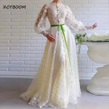 Zarif Fildişi Tül balo kıyafetleri Kabarık Uzun Kollu A-Line Kemer Abiye Maxi Örgün Önlük Parti Elbiseler Vestidos De Festa