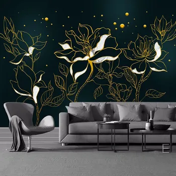 Özel 3D Duvar Kağıdı Altın Kabartma Hatları Çiçekler Sanat duvar tablosu Modern Oturma Odası Kanepe TV Arka Plan Papel De Parede