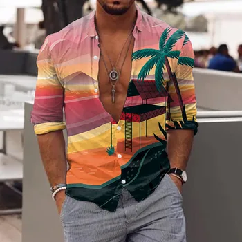 2022 Lüks Hawaii erkek Gün Batımı Manzara Gömlek 3d baskı tablo Tarzı Uzun Kollu Bluz Seyahat Üstleri Tee Gömlek Homme