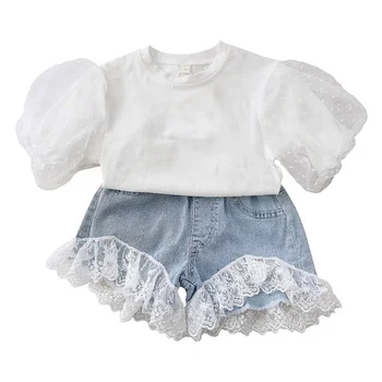 Kız Giyim Seti Kız Elbise Seti Güzel Puf Kollu Toddler Kız Beyaz Üstleri + Kot Şort Kız Takım Elbise Çocuk Giysileri Sıcak