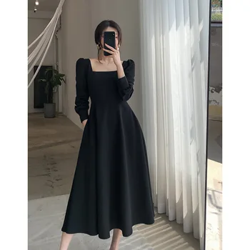 Uzun Kollu Kare Boyun Toplamak Bel Ince Moda Basit Kore Elbiseler Kadın Bahar uzun elbise Büyük Etek Boyu Femme Giyim