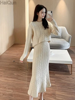 Yeni Bayan Zarif Örme O Boyun Etek Kazak Takım Elbise Setleri Sonbahar Kış Sıcak Uzun İki Adet Giyim Yüksek Bel Balık Kuyruğu