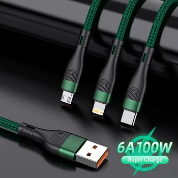 100W USB Kablosu 6A Hızlı Şarj için Xiaomi Huawei Mate 40 Pro Hızlı Şarj Mikro USB Tip C 3 in 1 USB Kablosu iPhone 13 12 11
