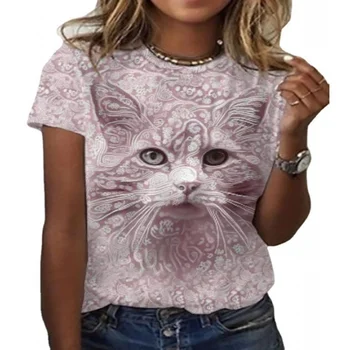 Yeni 2022 İlkbahar ve Yaz kadın Dijital 3d Sevimli Kedi Baskı Yuvarlak Boyun T-shirt