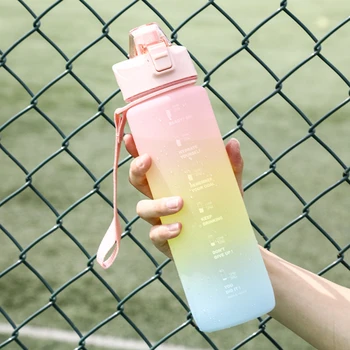1000ml Büyük Su Şişesi Zaman İşaretleyici İle Taşınabilir Sızdırmaz BPA Ücretsiz Toksik Olmayan Spor içme suyu şişesi Saman İle plastik bardak