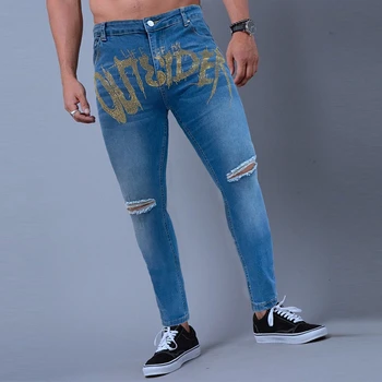 Yeni Erkek Mavi Biker Retro Trend Streetwear Elastik İnce Kot Yırtık Gece Kulübü Pantolon Rhinestones Yumuşak İnce Denim kalem pantolon