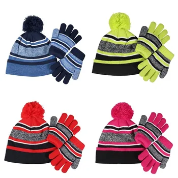 Sonbahar Kış çocuk şapkaları Eldiven Çocuk Örme Ponpon Şapka Kış Sıcak Örgü Şapka Eldiven Bebek Erkek Kız Çocuk Şapka Eldiven seti