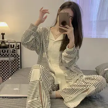 Çizgili Hırka Pijama Sonbahar pamuklu uzun kollu tişört Pijama kadın Eğlence Yeni Büyük Pantolon Ev Giysileri Pijama Takımı