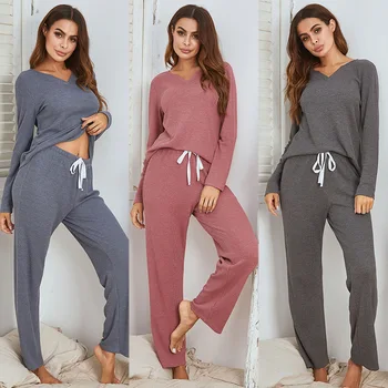 Bayanlar Yumuşak Pijama Rahat Uzun kollu Pantolon V Yaka Ev Hizmeti Takım Elbise Uzun Kollu Gecelik Kadın Pijama Pijama Seti