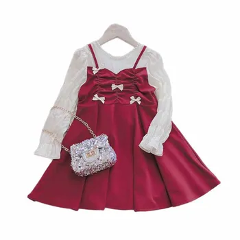 Sonbahar Çocuklar Elbiseler Bahar Sevimli Küçük Kız Uzun Kollu Sahte İki Prenses Elbise Dantel İnci Yaka Çocuklar İlmek Askı Etek