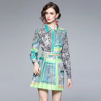 Bahar Pist Retro Kontrast Renk Baskı Etek Takım Elbise kadın Turn Down Yaka Bluz Yüksek Bel Pilili Etek 2 Parça Setleri k1929
