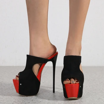 16 cm Stiletto Sandalet Kadın Terlik Kırmızı Siyah Platformu Topuklu Yaz yüksek topuklu sandalet Bayanlar Terlik Ve Ayakkabı Sapato Feminino