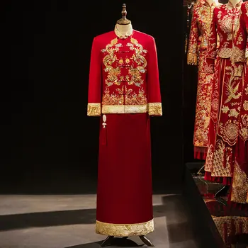 Kırmızı Saten Çin Tarzı Damat düğün elbisesi Vintage Erkekler Ejderha Nakış Evlilik Tang Takım Elbise Giyim китачская одечда