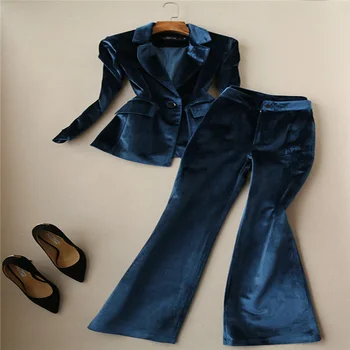 mavi Bordo Kadife Kadın Pantolon Ceket Kadın Moda Uzun Kollu Takım Elbise Kadın Özel Yaka Ceket Takım Elbise Kadın Bayanlar