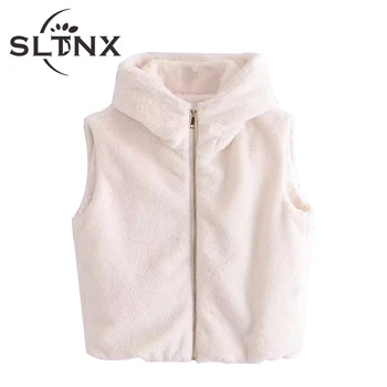 SLTNX 2022 Kış Kadın Ceket Yelek Katı Kapşonlu Kolsuz Yelek Giyim Vintage Fermuarlı Sıcak Yelek Rahat Mont