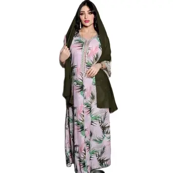 Baskı Abaya Maxi Elbise Kadınlar için Sfıfa Şerit Örgü Kesilmiş Moda Gevşek Dubai Fas Kaftan Orta Doğu Arapça Sonbahar Yeni