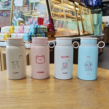 Kore Tarzı Sevimli Ayı termos şişe Taşınabilir Karikatür Yalıtımlı Paslanmaz Çelik termos Çocuklar Öğrenci Düz Fincan 450 ml
