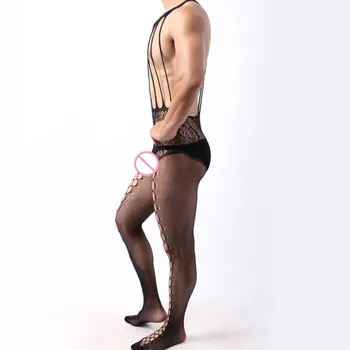 Koca Bodysuit Pijama Adam Seksi Bodystockings erkek Fishnet Açık Crotch Catsuit Mesh Tayt Lingerie Erotik Tulum Teddies