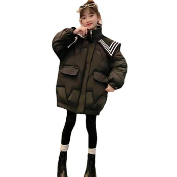 Çocuk Kız Aşağı Yastıklı Giyim Yeni Gençler Moda Uzun Donanma Yaka pamuklu beyzbol ceketi Kış Kalınlaşmış Sıcak Parka Üst 4-12 Y