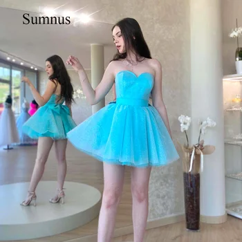 Sumnus Glitter Mavi Mini Parti Elbiseler Geri Yay Bir Çizgi Katmanlı Tül Kısa Sevgiliye Mezuniyet Balo Elbise 2023 Mezuniyet Elbiseleri