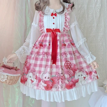 Yaz kız elbise Kawaii Lolita Çilek Kolsuz JSK Sevimli Tavşan Tatlı gotik Lolita JSK Elbise kız Prenses Elbise
