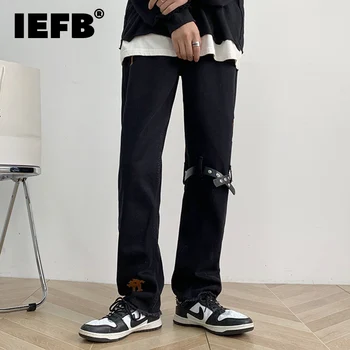 IEFB Yüksek Sokak Etiket Kot Erkekler Amerikan Gevşek Düz 2023 Bahar Nakış PU Deri Dekorasyon Erkek Pantolon 9A6772