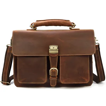 Erkek deri evrak çantası Avrupa ve Amerikan retro erkek çanta Çılgın at deri çift bölmeli 14 inç bilgisayar çantası sh