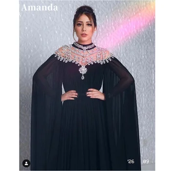 Amanda Suudi Arabistan فستان سهرة Yüksek Boyun Pelerin Balo Elbise Siyah İpek Şifon Parti Elbise Elmas Boyun A-line Abiye