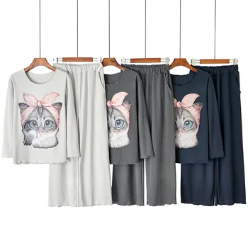 Kış Kadın Çift taraflı Saç taşlama Pijama Karikatür Sevimli Yuvarlak yaka Kedi Pijama Uzun kollu Kalınlaşmış Sıcak Loungewear