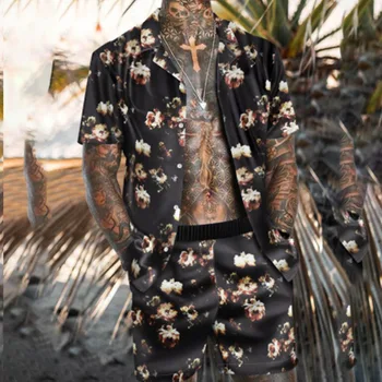 2021 Yaz Plaj Moda Çiçek Baskı İki Parçalı Setleri Erkekler İçin Kısa Kollu Gömlek Şort Takım Elbise Hawaii Rahat Erkek Kıyafet
