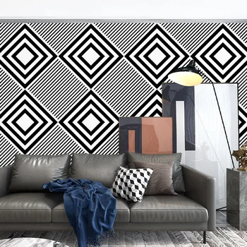 Siyah ve beyaz kare duvar kağıdı geometrik desen basit modern yatak odası oturma odası arka plan duvar ekose şerit duvar kağıdı