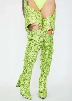 Yeşil Siyah Python Hayvan Baskılar Hollow Out Diz Üzerinde Pantolon Bel Çizmeler Kadın Sivri Burun Kare Topuklu Kemer Toka Botas