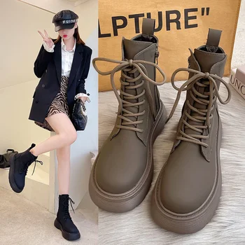 Sonbahar Kış Çizmeler kadın ayakkabıları Lace Up Siyah Çizmeler Suni Deri Ayak Bileği Patik moda ayakkabılar Platformu Tıknaz Çizmeler Mujer E539