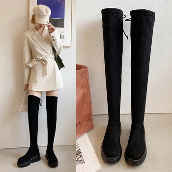 Diz üzerinde Çizmeler Kadın düz ayakkabı Siyah Kış Uzun Çizmeler Rahat Lace Up platform ayakkabılar Kadınlar İçin Çorap Çizmeler Seksi Yüksek Topuklu