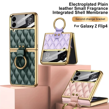 Lüks Kaplama Deri samsung kılıfı Galaxy Z Flip 4 5G Darbeye Dayanıklı Sert Kapak Standı Samsung Z Flip4 Kılıf Halka Tutucu ile